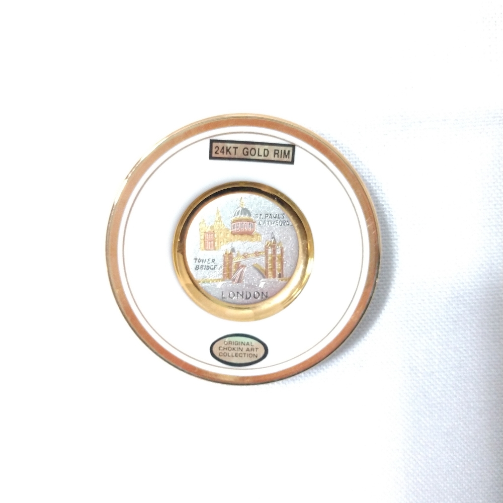 Mini Chokin Art Plate London Collectible Japan 14K Gold Rim Tiny